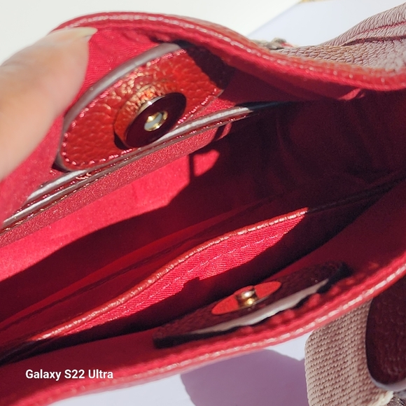 Women's Faux Pebble Leather Wine Small Two Pocket Shoulder Bag with Guiter Strap - Picture 8 of 8